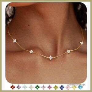14K Gold Plated Clover Birthstone Necklace Layered Choker for Women